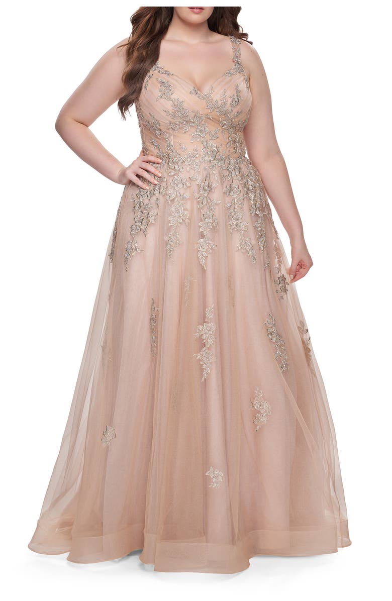 La Femme Lace Embellished Tulle A-Line Dress with Illusion Back, Main, color, Champagne