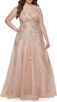 La Femme Lace Embellished Tulle A-Line Dress with Illusion Back