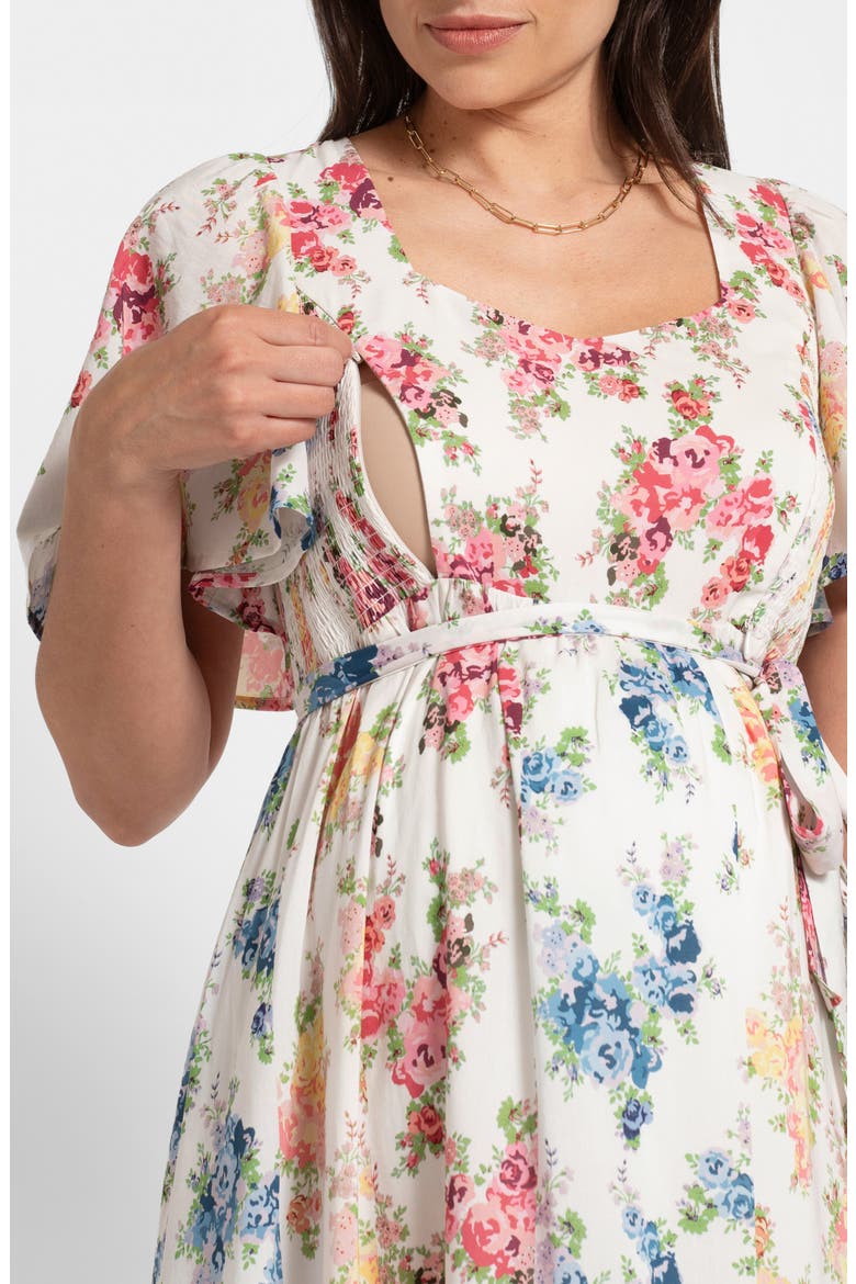 Floral Flutter Sleeve Maternity/Nursing Midi Dress, Alternate, color, FLORAL