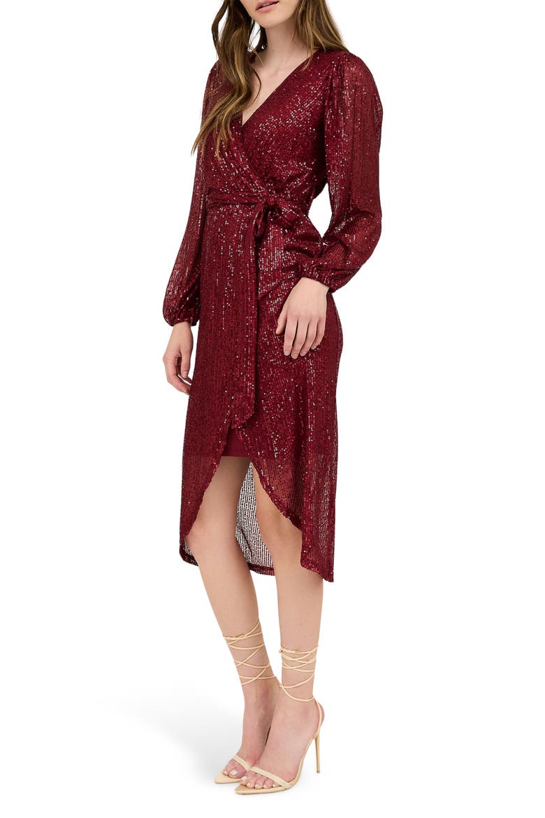 Sequin Long Sleeve Dress, Alternate, color, BURGUNDY