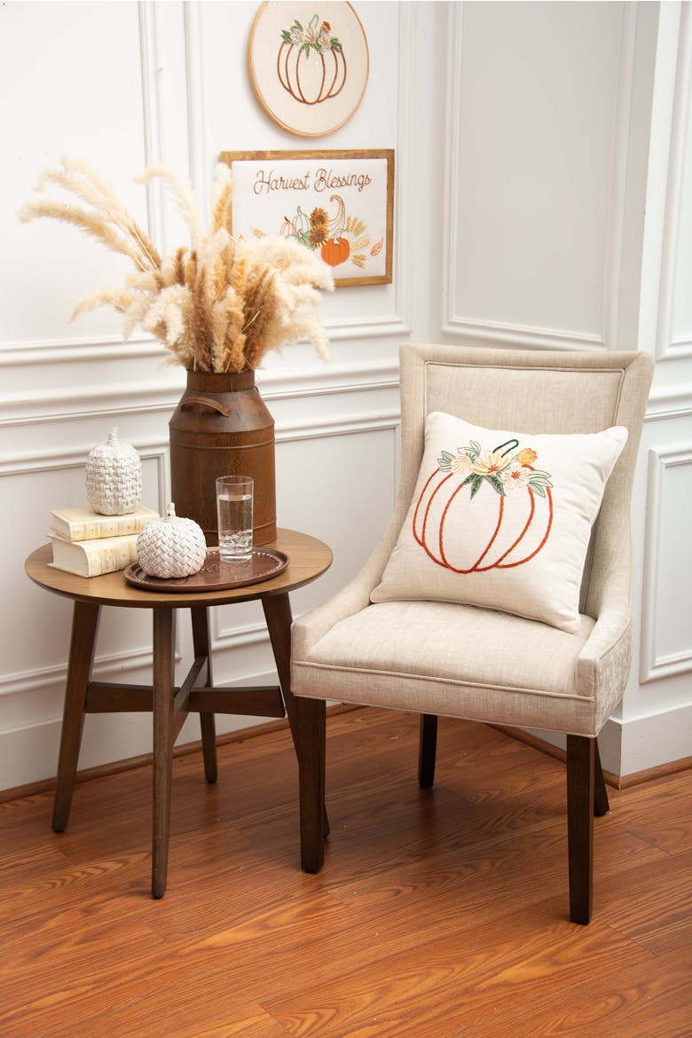 Autumn Fields Pumpkin Outline Cotton Blend Thanksgiving Accent Throw Pillow 18" x 18", Alternate, color, Off-White
