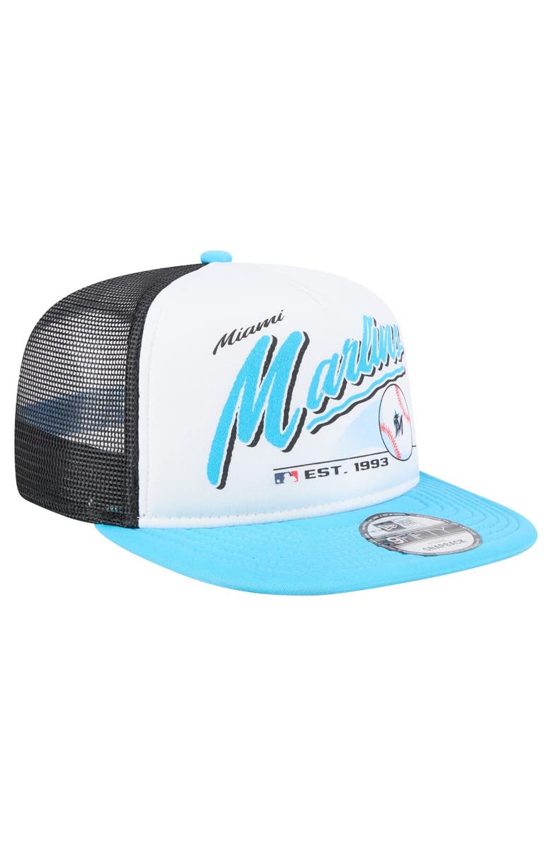 New Era Men's New Era White/Blue Miami Marlins Retro Script Trucker 9FIFTY Snapback Hat, Alternate, color, White