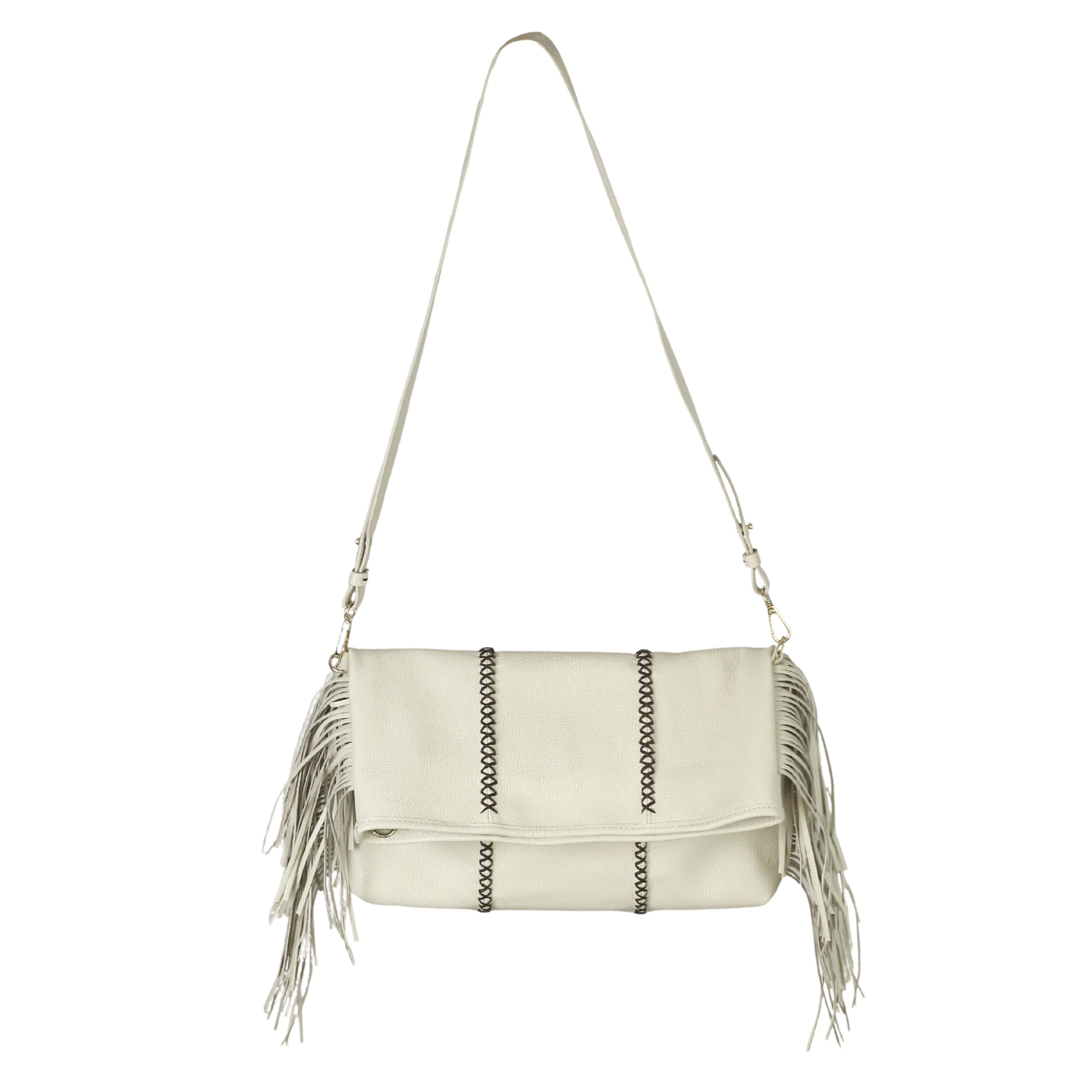 Large Fringe Leather Crossbody Messenger, Main, color, Winter White