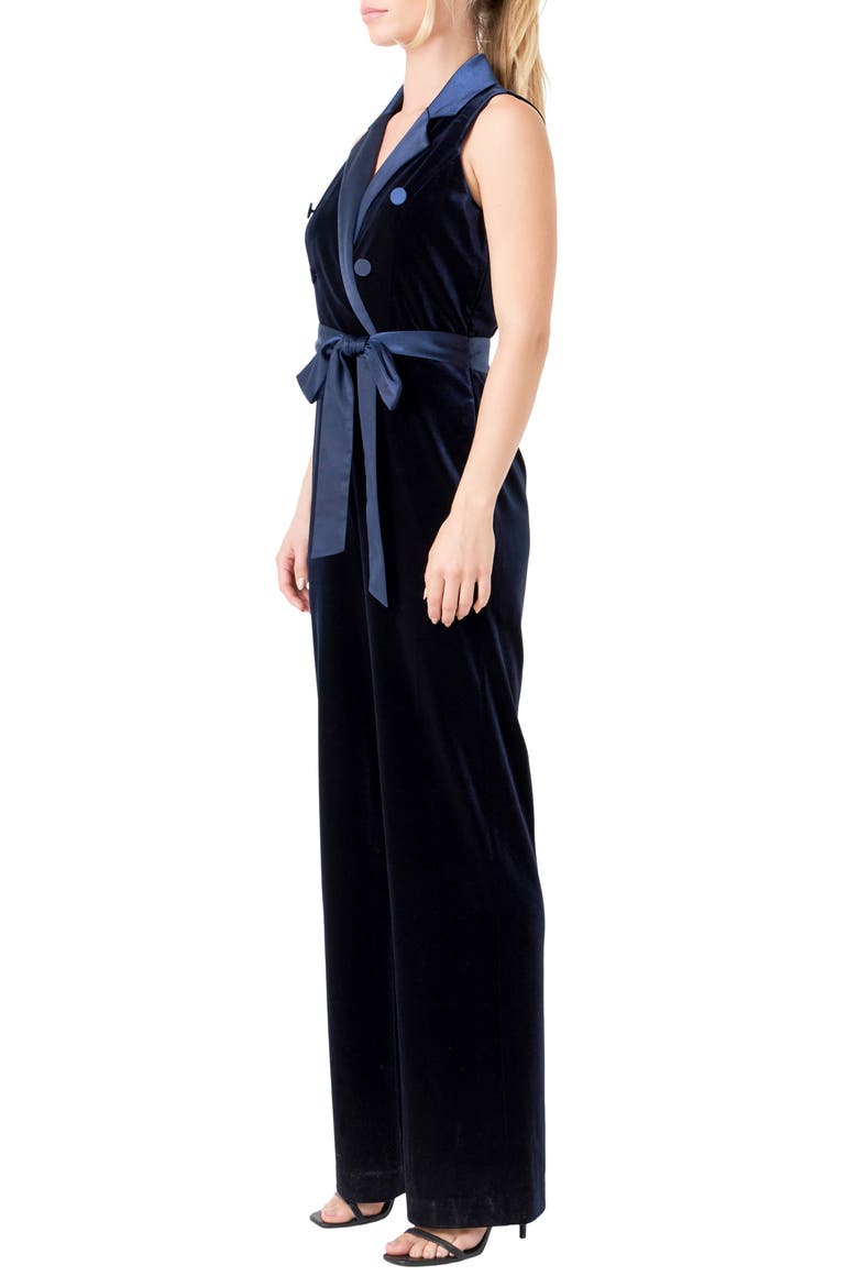 Satin Trim Velvet Jumpsuit, Alternate, color, NAVY