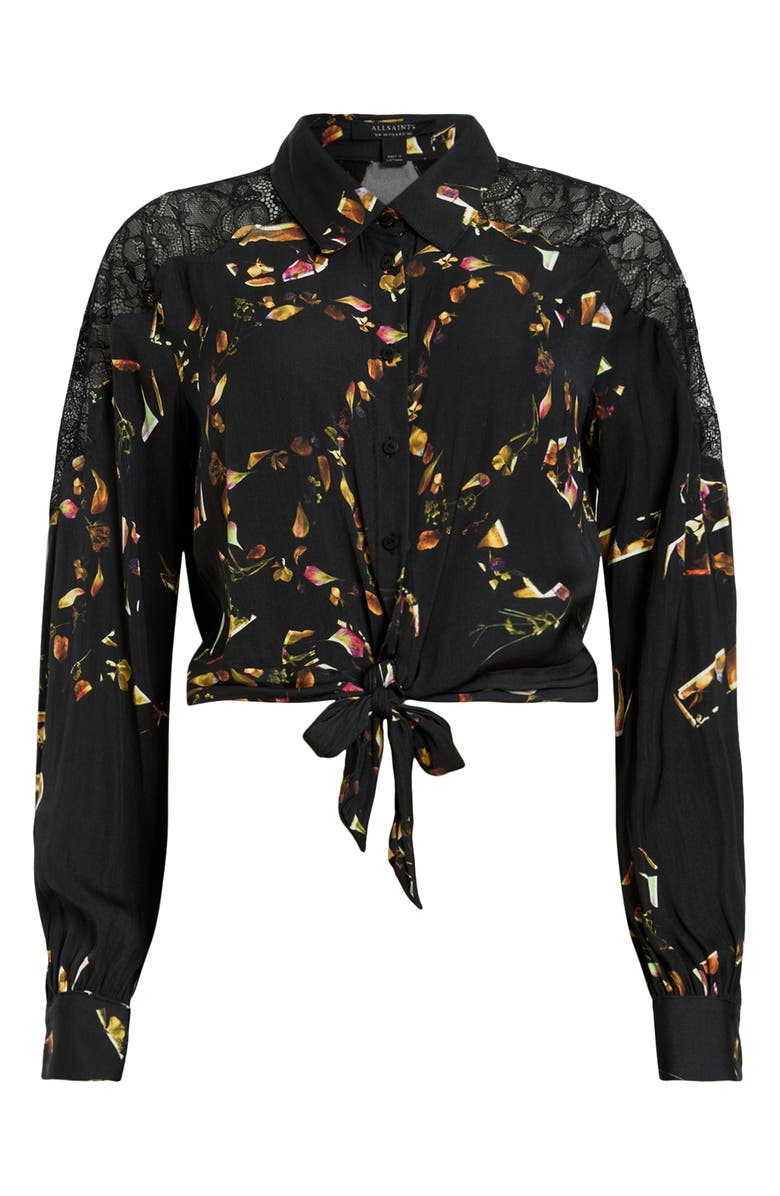 Len Floral Print Lace Trim Tie Hem Shirt