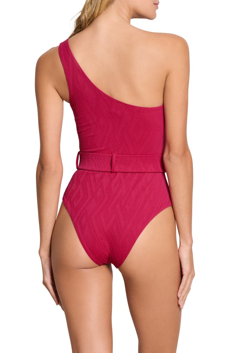 Belted One-Shoulder One-Piece Swimsuit, Alternate, color, MAGENTA