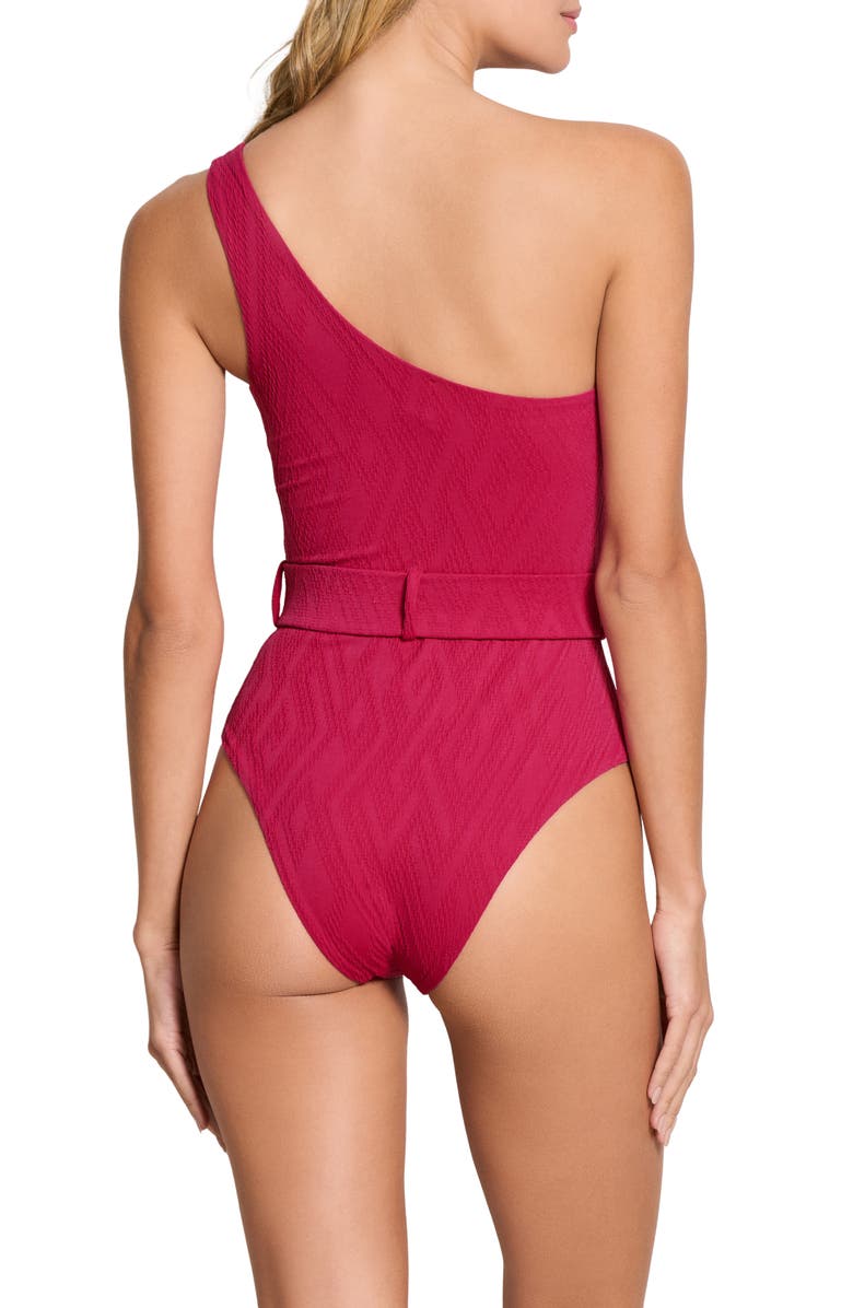 Cosita Linda Belted One-Shoulder One-Piece Swimsuit, Alternate, color, Magenta