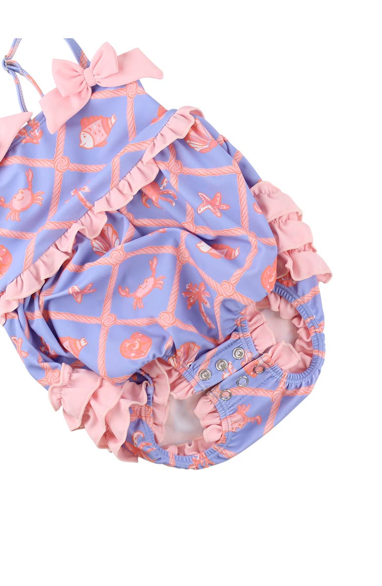 RuffleButts UPF50+ One Piece Bow Bubble Romper Swimsuit, Alternate, color, Tropical Trellis
