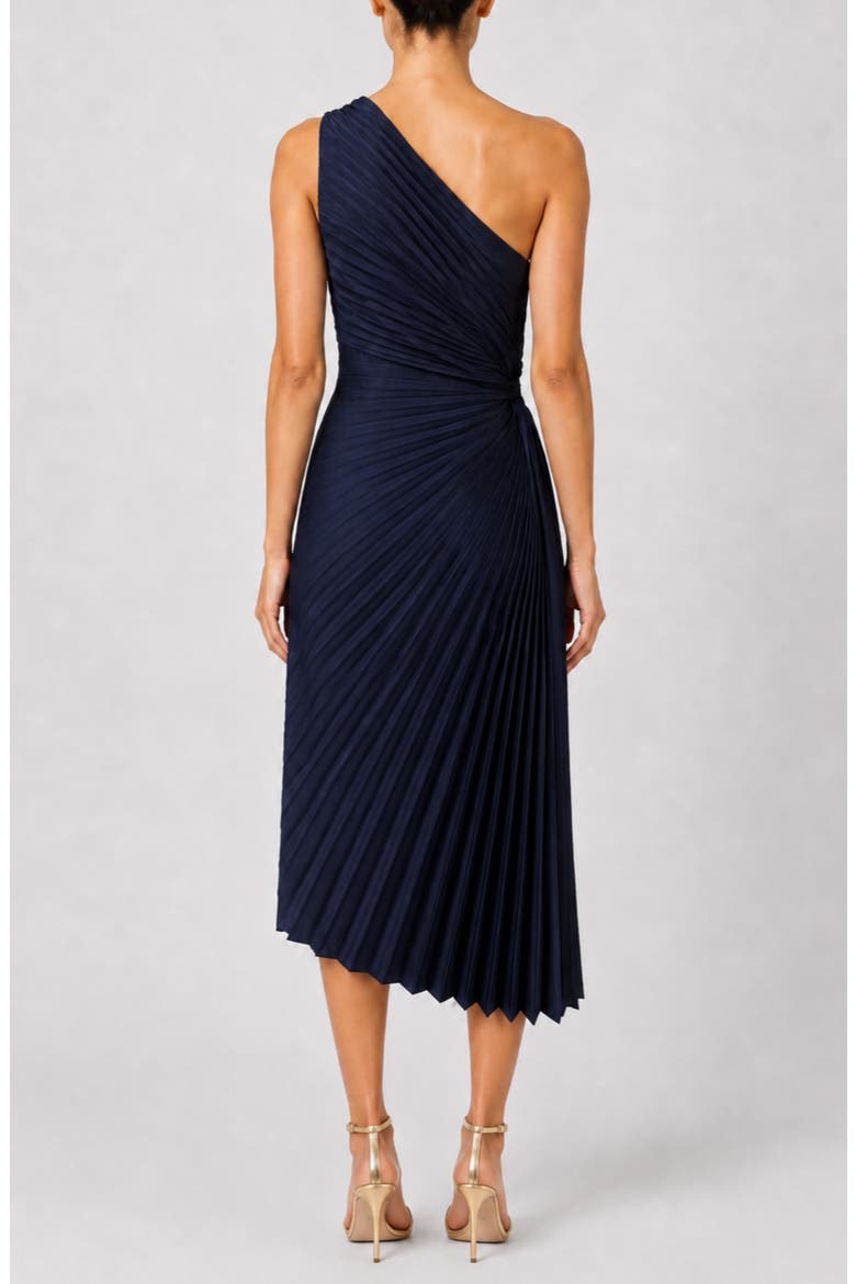 Satin Pleat One Shoulder Midi Dress, Alternate, color, DEEP NAVY