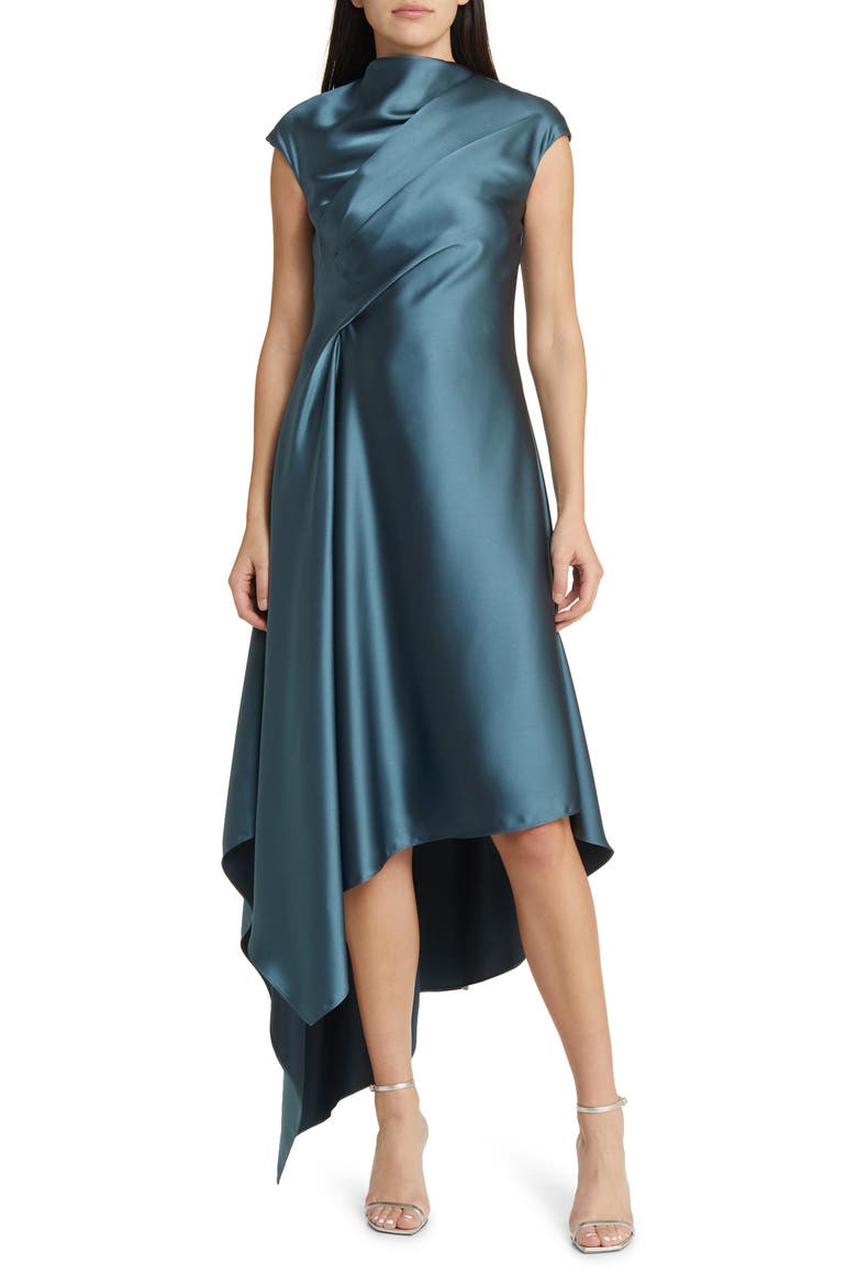Drape Asymmetric Hem Satin Cocktail Dress, Main, color, PETROL