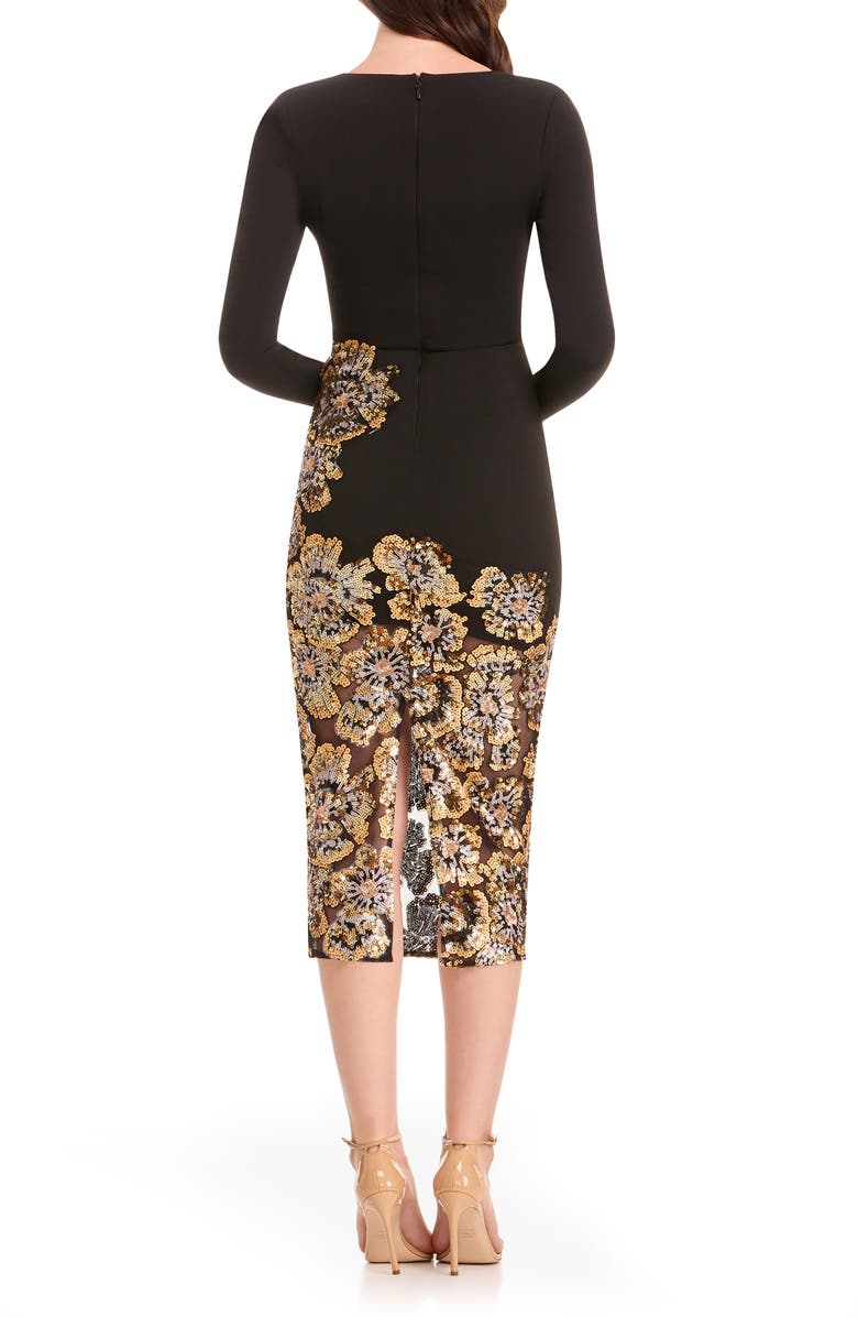 Dress the Population Mara Sequin Long Sleeve Midi Dress, Alternate, color, Gold Multi