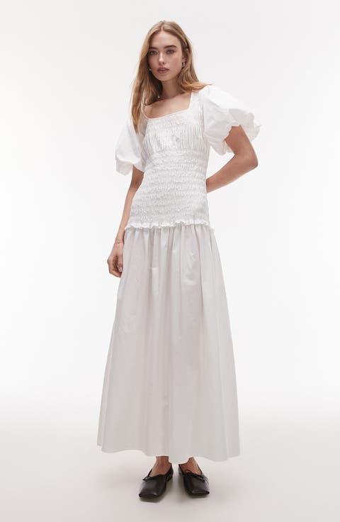 Shirred Puff Sleeve Maxi Dress