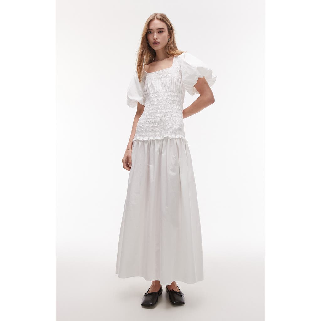 Topshop Puff Sleeve Square Neck Shirred Midi Dress In White