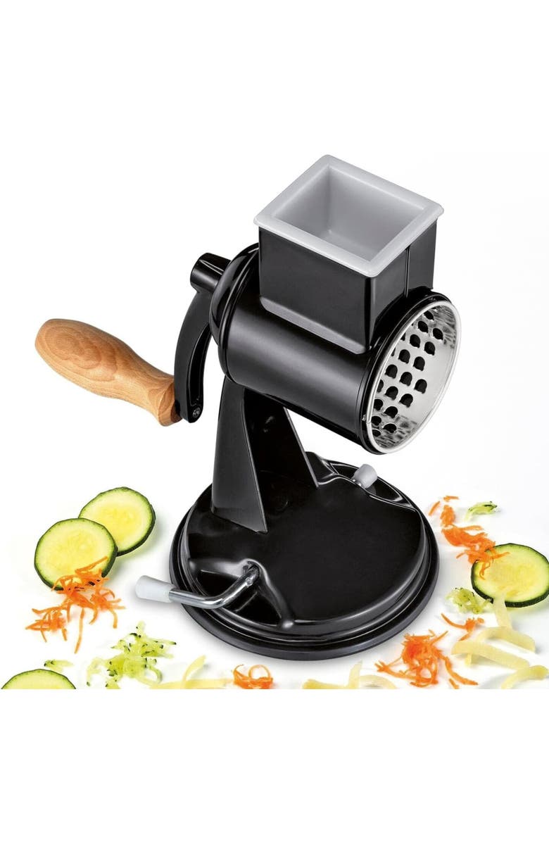 ZASSENHAUS Classic Drum Grater with Suction Base, 2 Grating Drums, Pestle, and Vegetable Cutter, Alternate, color, Black
