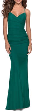 La Femme Fitted Jersey Long Dress with Lace Up Back