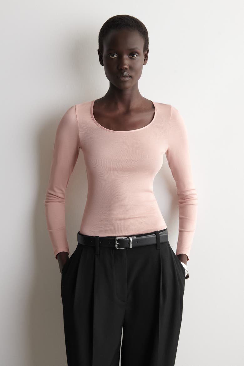 Satin-Trimmed Cotton Jersey Long-Sleeved Top, Main, color, PINK