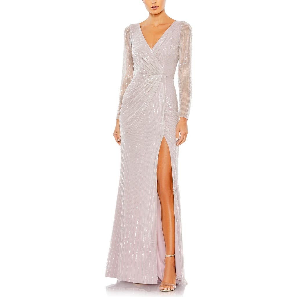 Mac Duggal Sequined Faux Wrap Long Sleeve Gown In Lavender