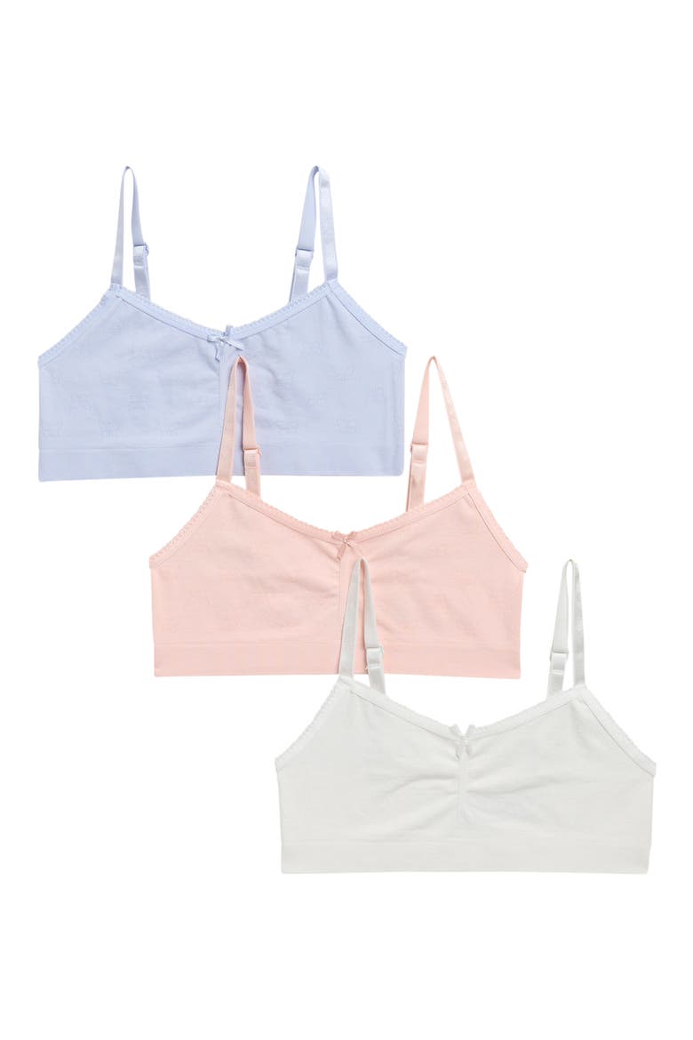 Kids' Assorted 3-Pack Seamless Butterfly Pointelle Knit Bralettes, Main, color, PEACH GELATO/ COCONUT/ PERI