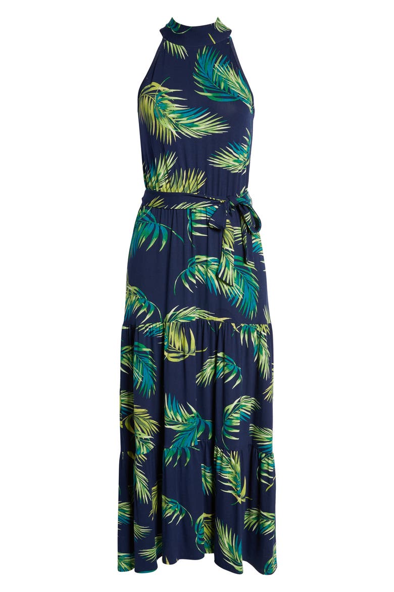 Palm Print Halter Neck Knit Maxi Dress, Alternate, color, NAVY PALM