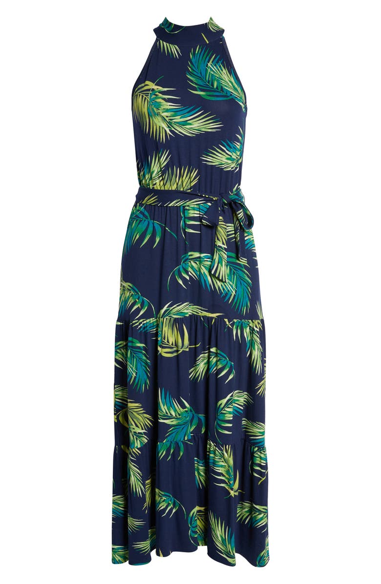 Loveappella Palm Print Halter Neck Knit Maxi Dress, Alternate, color, Navy Palm