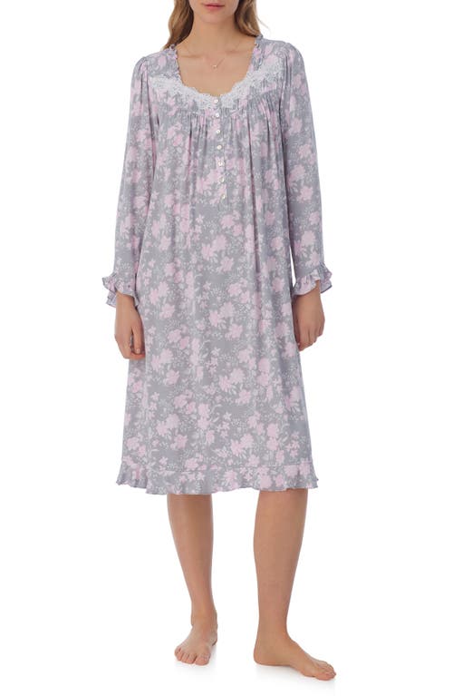 Eileen West Long Sleeve Waltz Nightgown in Grey Pink Floral 