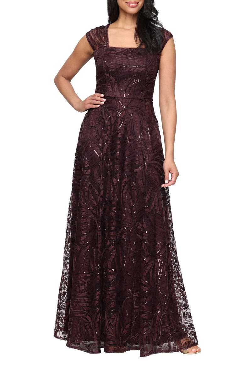 Sequin Embroidered Gown, Main, color, MAROON
