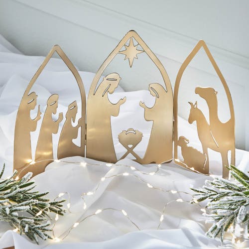 Tag Nativity Folding Decor Brass Gold Metal Christmas Scene In Gold