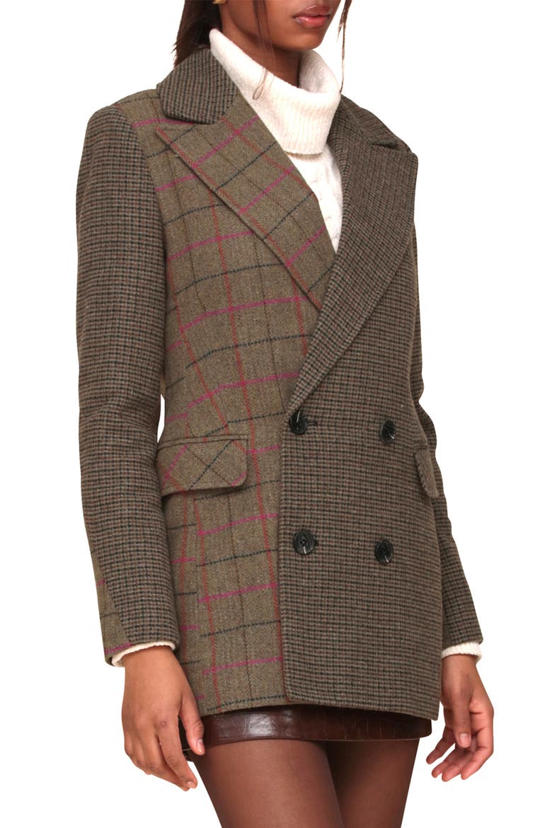 Patchwork Double Breasted Blazer, Alternate, color, OLIVE PLAID MIX