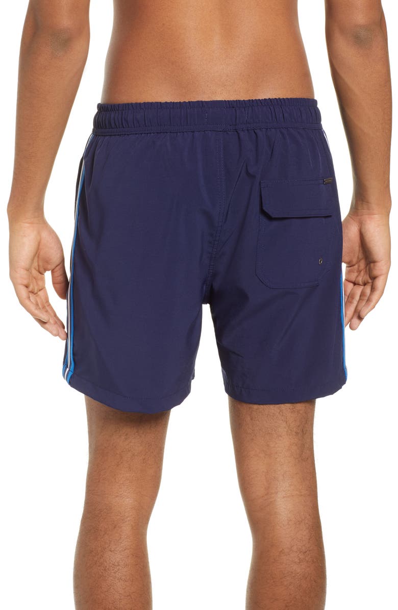 Vintage Summer Navy Side Stripe Swim Trunks, Alternate, color, 