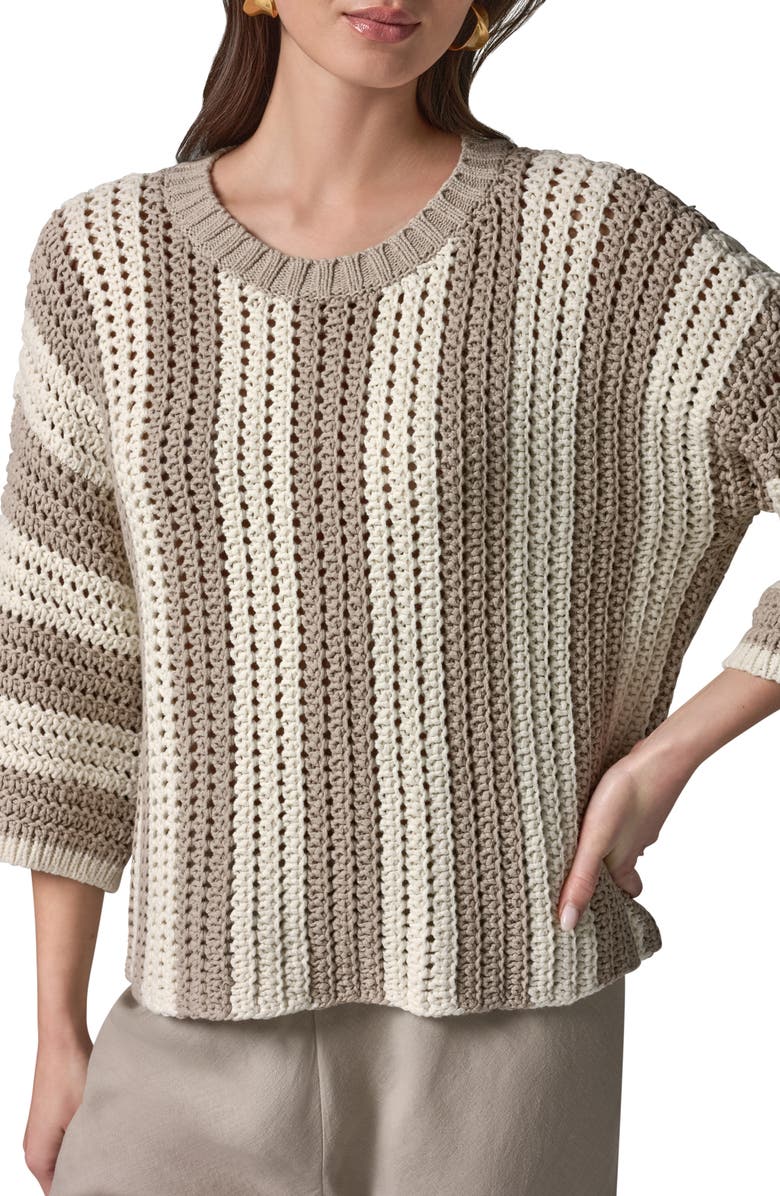 Donna Karan New York Vertical Stripe Open Stitch Cotton Sweater, Alternate, color, Sandstone/
