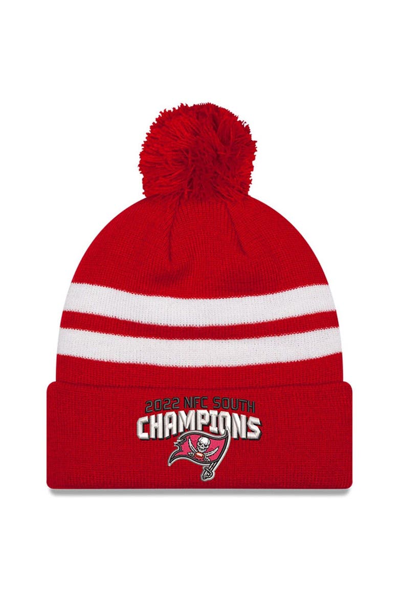 Men's New Era Red Tampa Bay Buccaneers 2022 NFC South Division Champions Top Stripe Pom Knit Hat, Main, color, Red