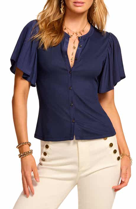 Ramy Brook Colette Mixed Media Flutter Sleeve Top