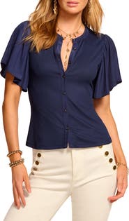 Ramy Brook Colette Mixed Media Flutter Sleeve Top