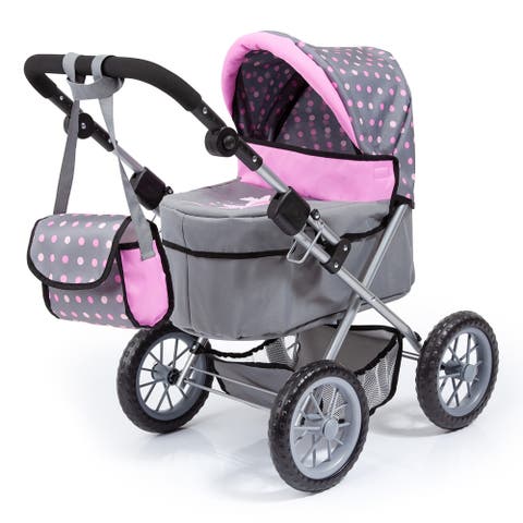 Dolls Trendy Pram Grey, Pink, Dots Fits Dolls Up To 18"