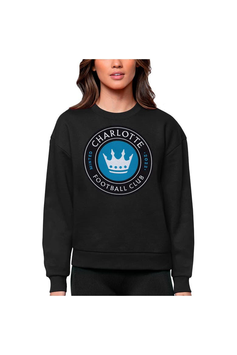 Women's Antigua Black Charlotte FC Team Logo Victory Pullover Sweatshirt, Main, color, Black
