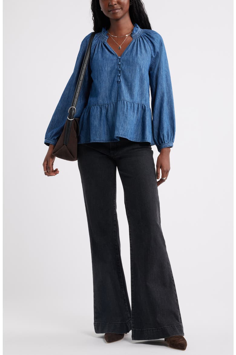 Peplum Cotton Chambray Top, Alternate, color, DARK WASH