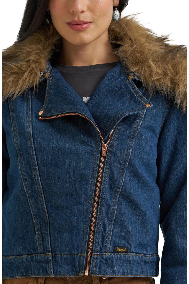 x Lainey Wilson Faux Fur Trim Denim Jacket, Alternate, color, DENIM