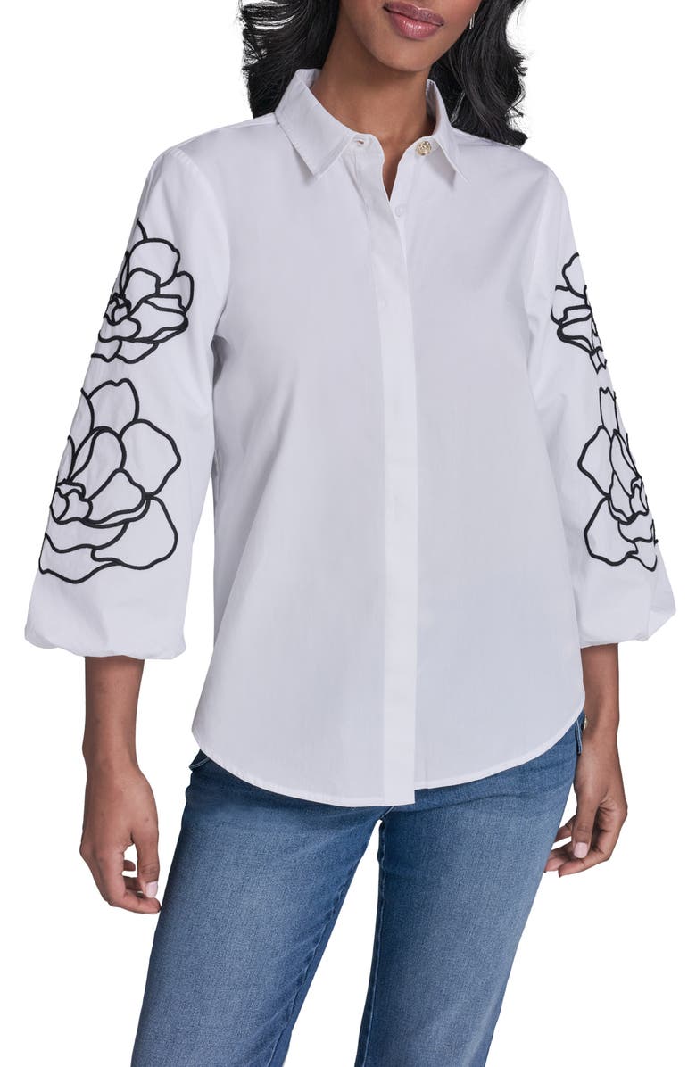 KARL LAGERFELD PARIS Floral Puff Sleeve Shirt, Main, color, White