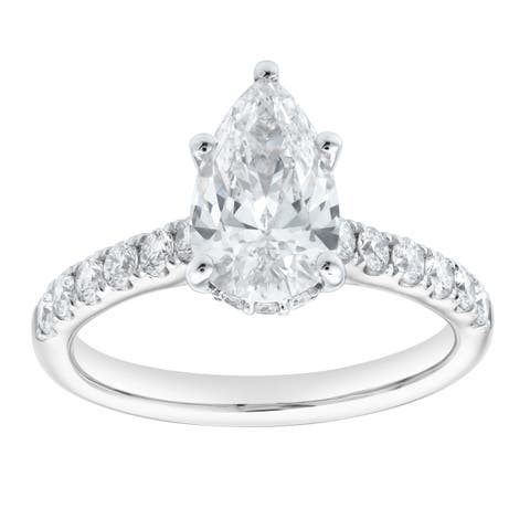 Rasha 14K White Gold Pear Lab Grown Diamond Hidden Halo Engagement Ring - 2 Ct