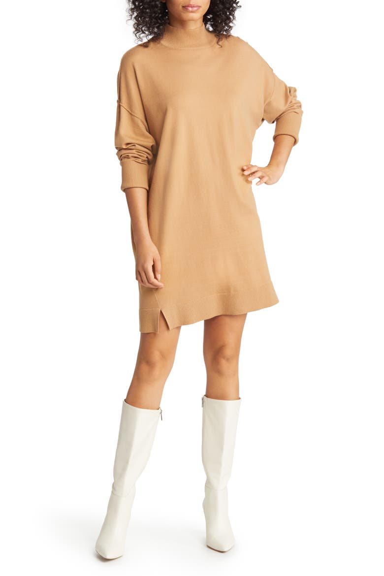 Rosie Mock Neck Long Sleeve Sweater Dress, Main, color, CAMEL