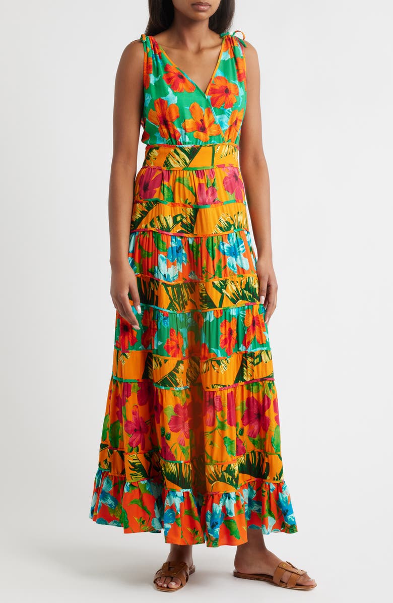 Vince Camuto Floral Sleeveless Tiered Maxi Dress, Main, color, Tiger Lily