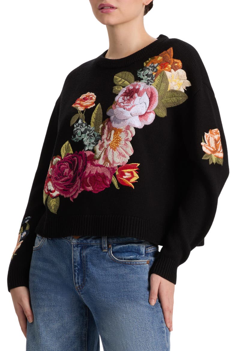 Belva Embroidered Floral Wool Blend Sweater, Alternate, color, BLACK MULTI