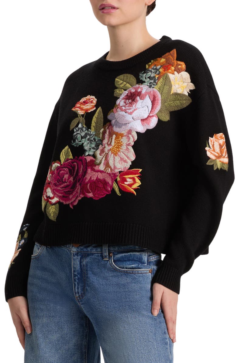 Alice + Olivia Belva Embroidered Floral Wool Blend Sweater, Alternate, color, 