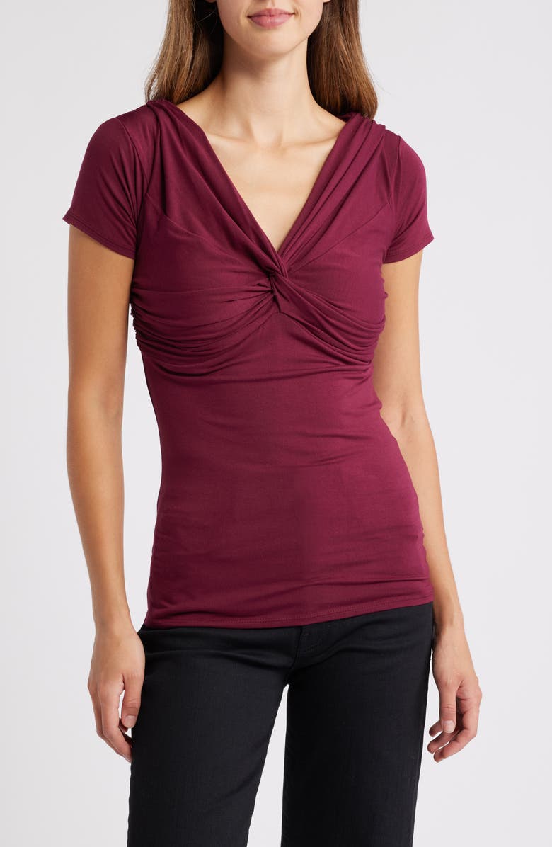 Loveappella Twist Detail Stretch Detail Top, Main, color, Burgundy