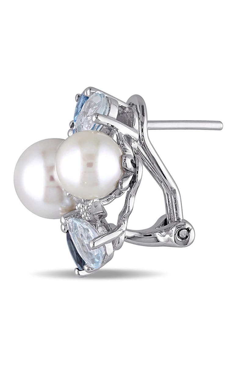 DELMAR Sterling Silver Lab Created White Sapphire, Blue Topaz & 6.5-8mm Cultured Freshwater Pearl Stud Earrings, Alternate, color,