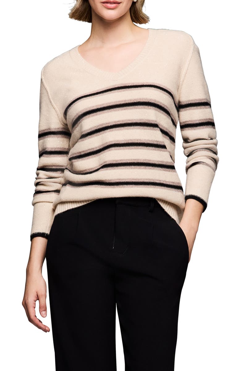 NIC+ZOE Sparkle Stripe Cashmere & Cotton Blend Sweater, Main, color, Neutral Multi
