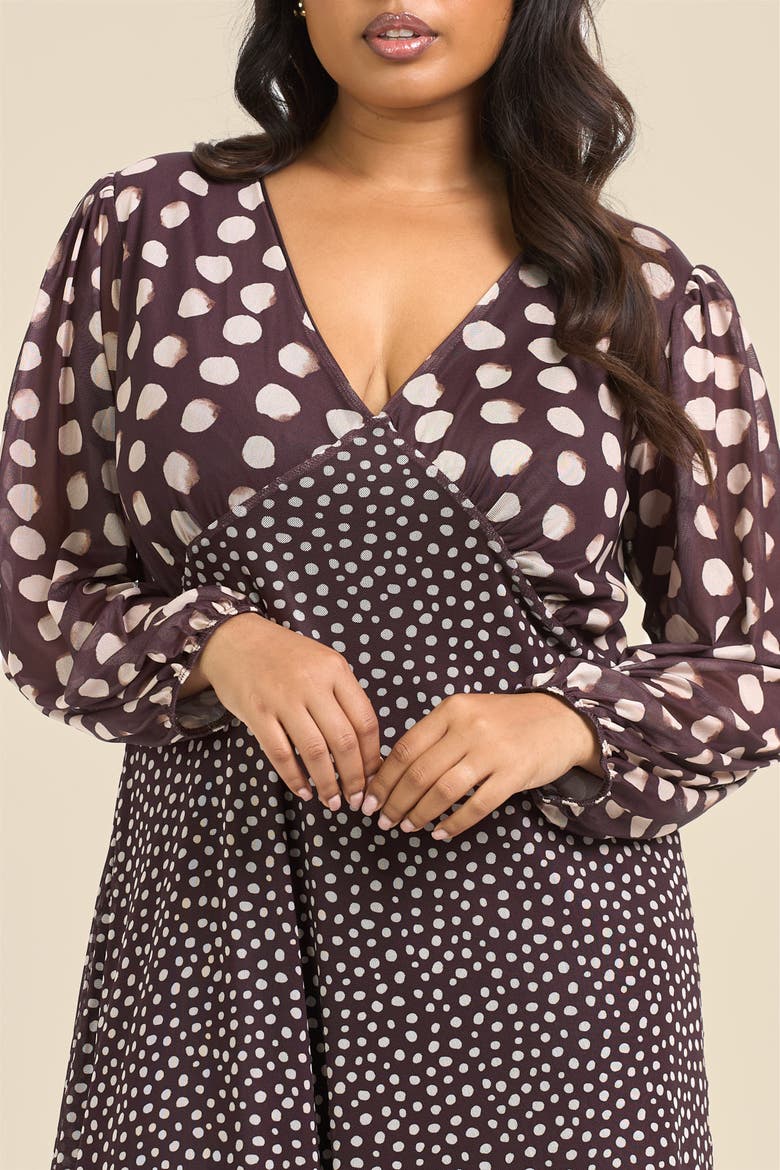 Plus Size Polka Dot Mesh Midi Dress, Alternate, color, Brown