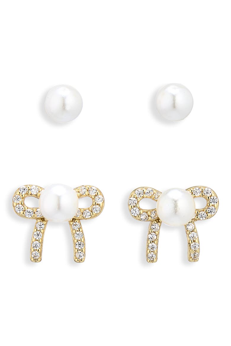 Set of 2 Faux Pearl Pavé Stud Earrings, Main, color, GOLD