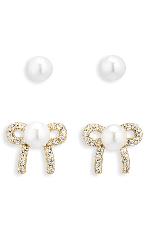 Set of 2 Faux Pearl Pavé Stud Earrings