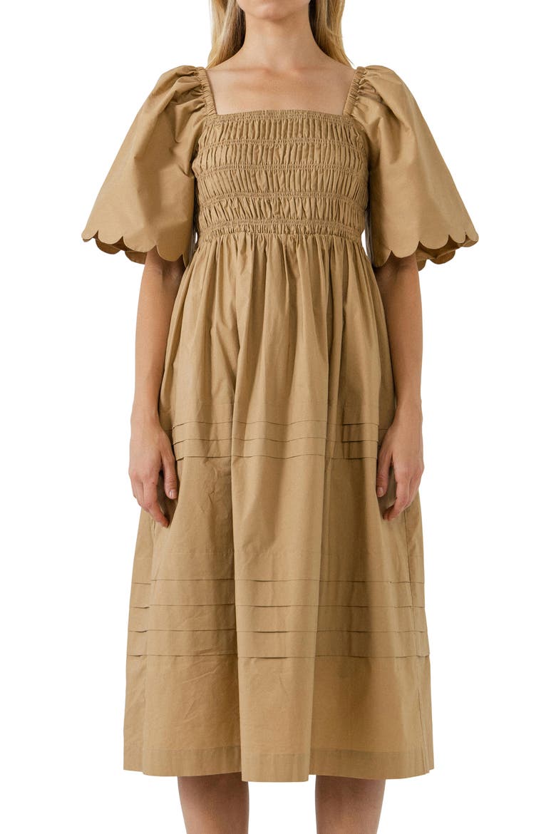 Scallop Detail Midi Dress, Alternate, color, TAN